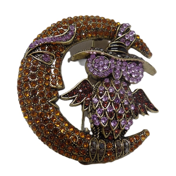 Adorable Owl in Moon Crystal Halloween Fall Harvest Brooch Pin