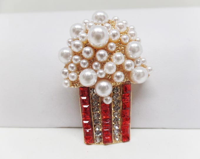 Featured listing image: Adorable Pearl & Crystal Retro Movie Popcorn Brooch Pin