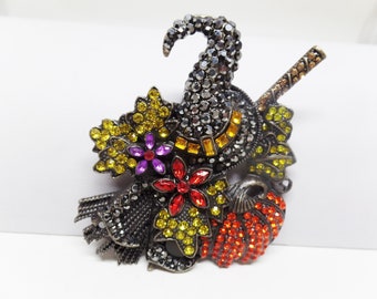 Broche de sombrero de bruja de cristal, broche de calabaza de Halloween vintage