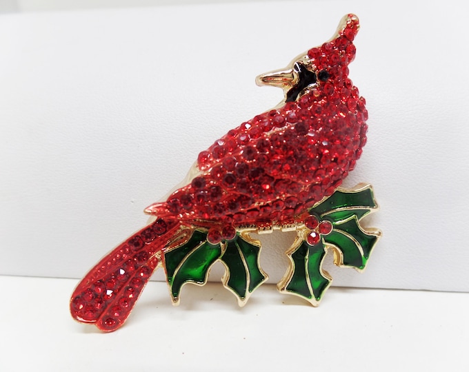Featured listing image: Gorgeous Red Crystal Cardinal Bird on Holly Branch Christmas Holiday Brooch Pin