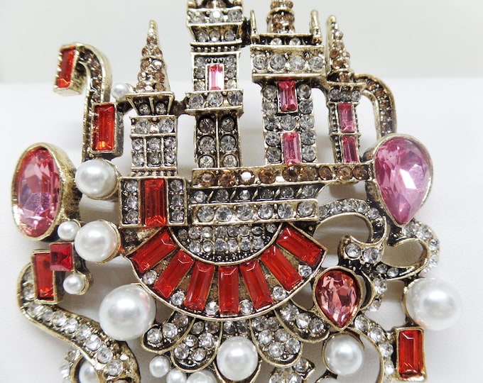 Featured listing image: Gorgeous Pearl and Crystal Castle Brooch Pin Pendant! Showstopper!