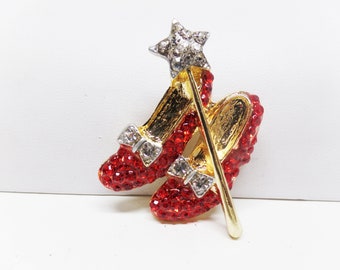Red Crystal Ruby Slippers No Place Like Home Dorothy's Shoes Brooch Pin