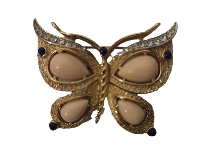 Featured listing image: CROWN TRIFARI Signed Vintage Coral Cabochon Butterfly L'Orient Brooch Rare