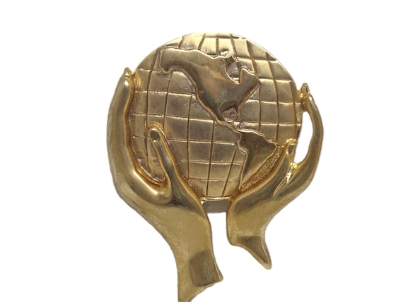 Vintage Golden Hands Holding the World Brooch Pin