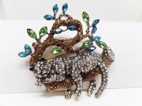 Show Stopping Crystal Leopard in Tree Brooch Pin - image 1
