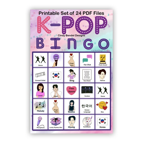 K-Pop Bingo Printable Digital Game PDF - KPOP Karaoke Korean Music Theme Party Game