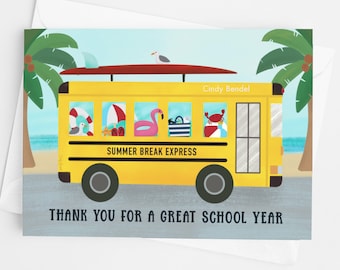 Bus Driver Thank You Card - Summer Beach School Bus - Blank 5x7 Inch Folded Teacher Appreciation Card
