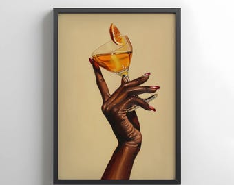 Black Woman Cocktail Glass Wall Art | Luxury Oil Painting Style Print | Digital Download
