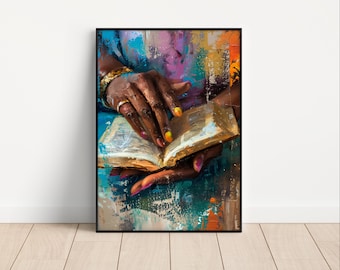 Black Woman Reading Oil Painting Print | Colorful Abstract African American Wall Art (Digital Download)