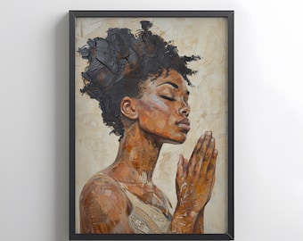 Stampa artistica nera / Quadro da parete con donna nera in preghiera / Decorazione spirituale afroamericana