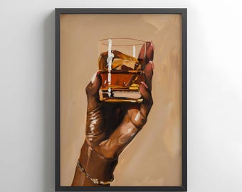 Impressão artística de mulher negra bebendo uísque, arte de parede moderna para decoração (Download digital)