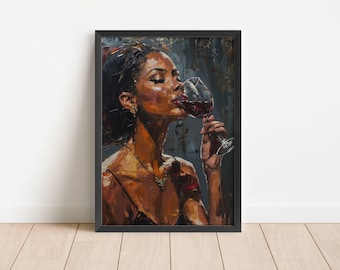 May include: A painting of a woman with dark skin, wearing a dark dress, drinking red wine from a glass. The background is a dark, textured canvas.