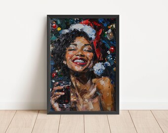 Elegant Black Woman Christmas Portrait | Holiday Wall Art Print | Digital Download