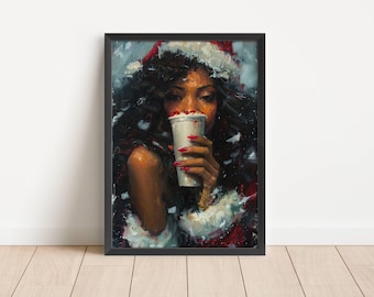 Black Woman Christmas Art Print | African American Holiday Decor | Digital Download