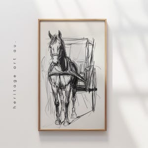 ヴィンテージアンティークスケッチデジタルダウンロード、ウォールアート、ホームオフィスの装飾、ミニマリストスタディ印刷可能アート、農場スケッチ、馬車