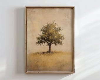 Könnte beinhalten: Ein gerahmtes Gemälde eines einzelnen Baumes auf einem Feld. Der Baum ist grün und das Feld ist in einem gedämpften Gelb gehalten. Der Hintergrund ist in einem weichen, hellbraunen Ton gehalten.