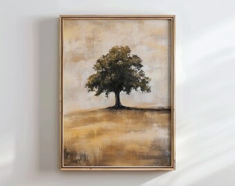 Könnte beinhalten: Ein gerahmtes Gemälde eines einsamen Baumes auf einem Feld. Der Baum ist grün und braun, und das Feld ist in einem gedämpften Gelb und Braun gehalten. Der Hintergrund ist ein helles Beige mit einem Hauch von Grau.