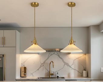 Vintage Ceramic Pendant Light, Adjustable Hanging Ceiling Lamp, Pleated White Chandelier, Brass Kitchen Island Lighting