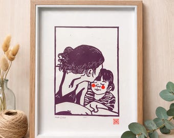 Linoldruck, "Mutter und Kind", handgedruckt