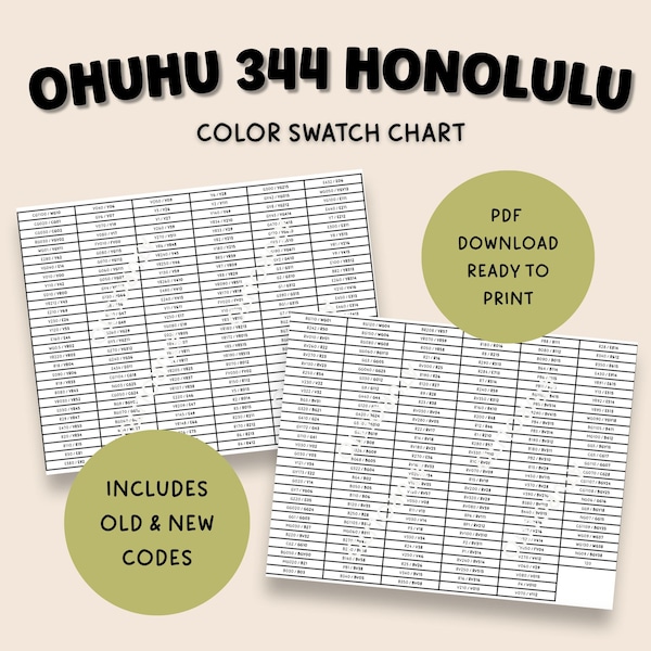 Ohuhu Honolulu 344 Swatch Printable, New & Old Codes Template, Digital Download PDF Color Chart