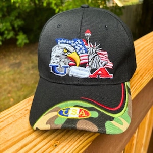 USA Patriotic Camo Baseball Cap with Embroidered Eagle - American Pride Unisex Hat, USA Camo Hat,  Patriotic Trucker Snapback Hat for Dad