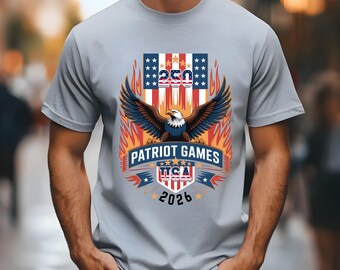 Camiseta Patriot Games USA 2026, Camiseta e Moletom com Estampa de Águia Patriótica dos 250 Anos de Liberdade, Semiquincentenário, Feliz Aniversário América