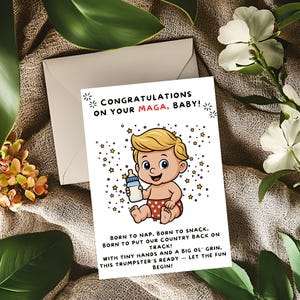 Biglietto di auguri per la nascita di Trump, biglietto per baby shower di Trump, auguri divertenti di Trump, regalo di compleanno MAGA per neonati, divertente biglietto di annuncio di nascita