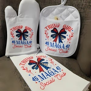 Trump Girl Kitchen Set, 3-Piece Patriotic Kitchen Gift, Trump Sublimation Printed Oven Mitt, Pot Holder and Towel, Trump Christmas Gift Idea