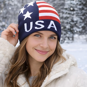 USA Flag Knitted Beanie, Red, White, and Blue Winter Cozy Hat, Patriotic Beanie