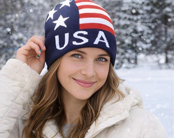 USA Flag Knitted Beanie, Red, White, and Blue Winter Cozy Hat, Patriotic Beanie