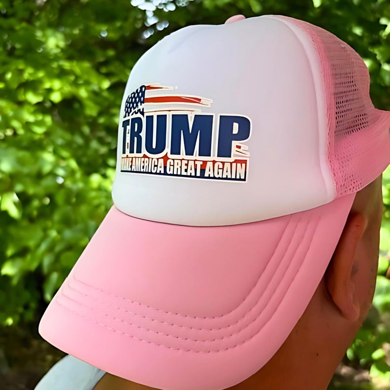 Pink and white Trump Make America Great Again hat with heat vinyl transfer  logo and pink mesh back