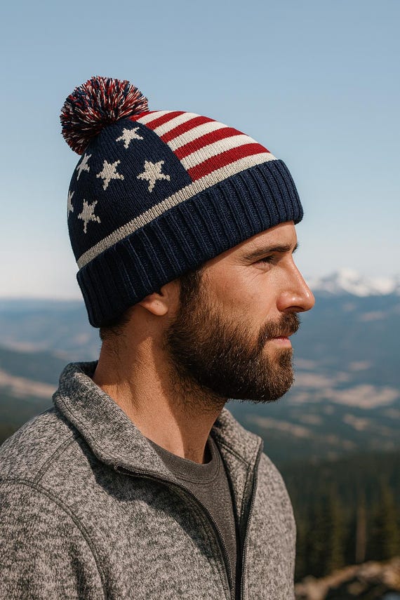 Patriotic American Flag Beanie Hat With Pom Pom – Off-white  display picture 1