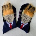 Trump Socks with Synthetic Hair, Funny Political Dress Socks, MAGA Gift Exchange, Trump Gag Gift For Him or Her, Stocking Stuffer Items