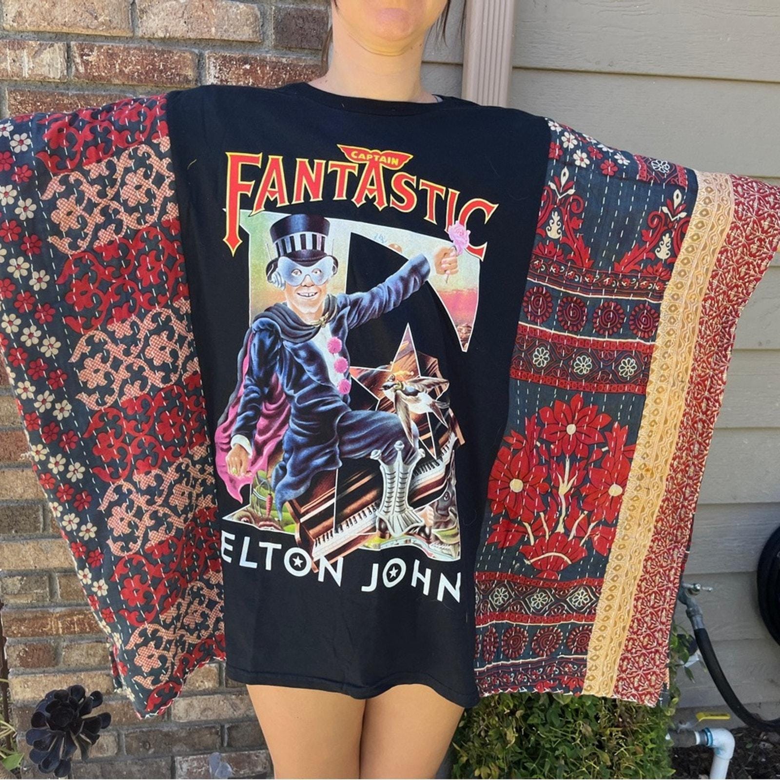 Elton John Upcycled Kantha Tunic Top Hippie Poncho Shirt Handmade OS