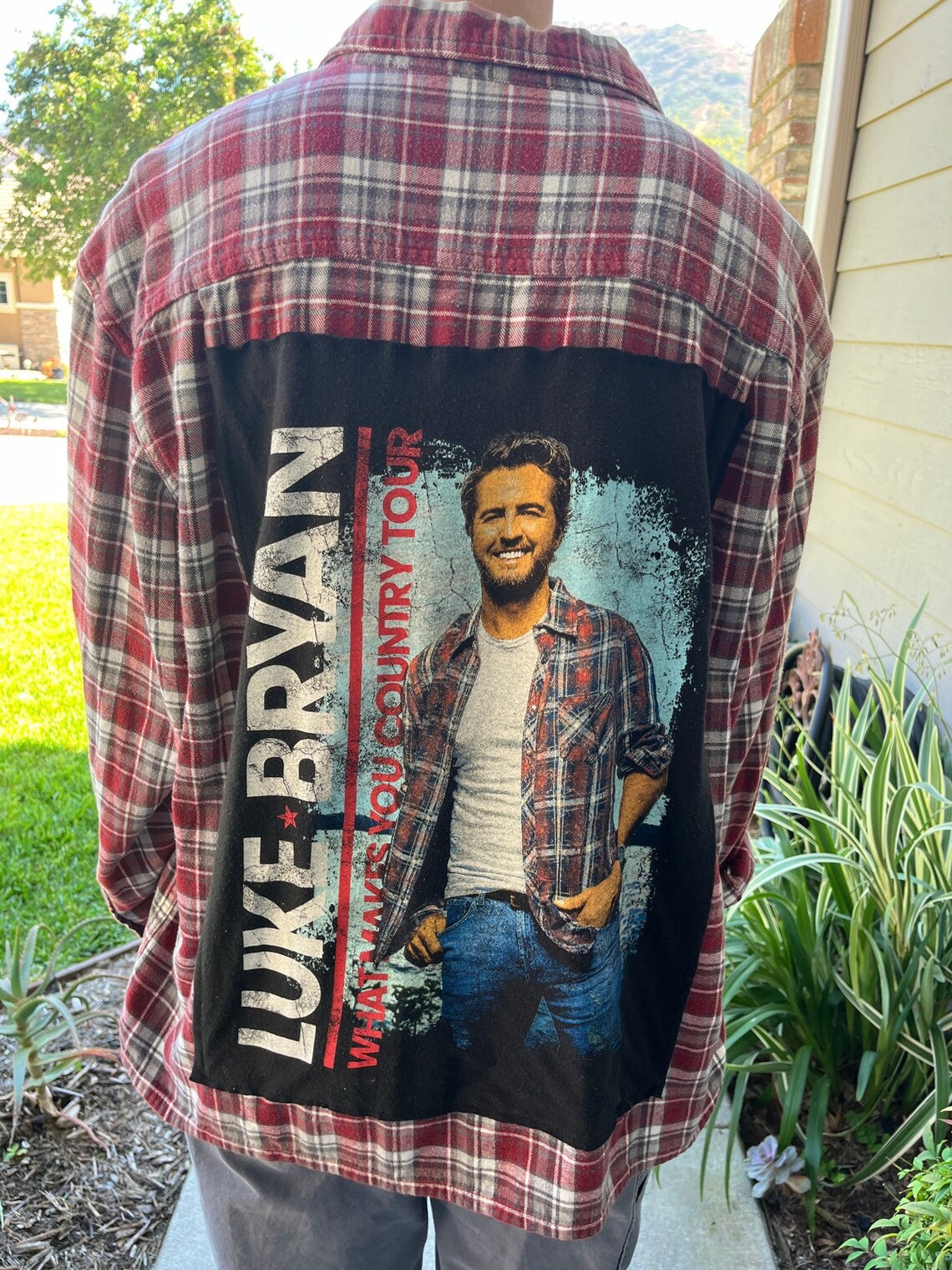 Luke Bryan Upcycled Flannel Shir -Dirt Road Diaries Tour Bleached Plaid Top - Handcrafted Country Music Fan Apparel Men's XL Distressed Boho