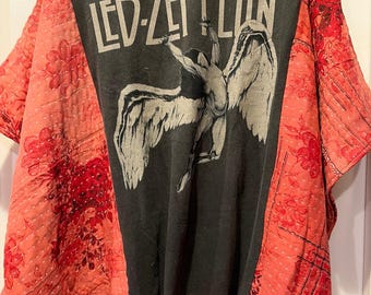 Camiseta tipo túnica Kantha reciclada de Led Zeppelin, talla única, hecha a mano.