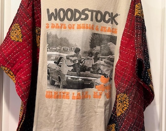 Túnica Woodstock '69 Upcycled Kantha, tamanho único, feita à mão
