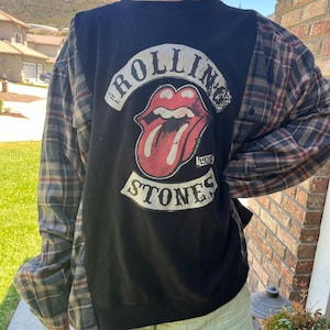 Rolling Stones Upcycled Flannel Sweatshirt / Shirt unisex one size