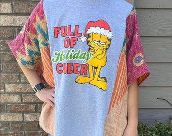 Holiday Christmas Upcycled Kantha Tunic Top Shirt OS Handmade Hippie XS S M L