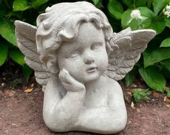 Stone angel bust, Angel memorial sculpture, Angel home decor, Concrete baby angel, Cherub bust figurine, Garden angel