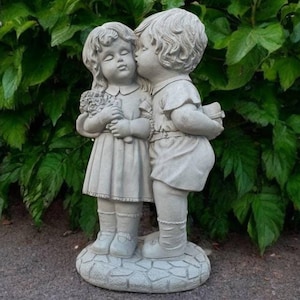 Stone boy kissing girl, Girl with flowers, Concrete kids sculpture, Outdoor kids decor, Massive statue, Realistic boy with girl