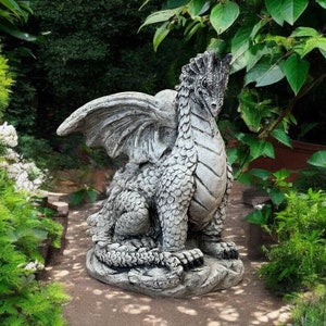 Sitting dragon figurine, Concrete fantasy decoration, Stone indoor gothic dragon  sculpture, Cement painted japanese ornament gift