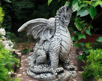 Sitting dragon figurine, Concrete fantasy decoration, Stone indoor gothic dragon  sculpture, Cement painted japanese ornament gift