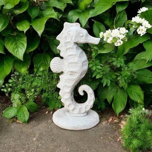 Detailed seahorse sculpture, Cement sea animal decoration, Stone yard art decoration, Concrete garden seahorse figure, Nautical style figure
