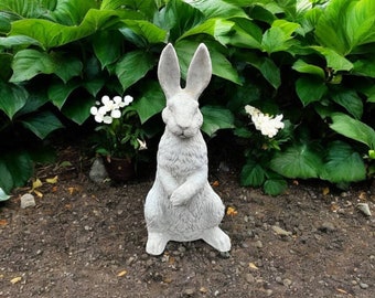 Può includere: Una statua di coniglio in cemento bianco con una texture pelosa, in piedi su un letto di terra marrone con piante verdi sullo sfondo.