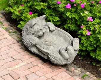 Cat bowl figure, Lawn bird drinker, Bowl cat ornament, Stone cat bird bath, Garden animal art, Outdoor kitten decor, Yard concrete idea
