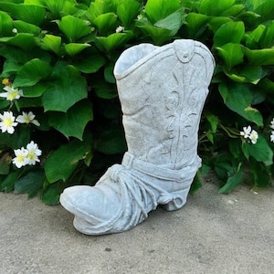 Planter cowboy boot figure, Detailed flowers pot sculpture, Concrete shoe planter for yard, Garden decoration statue, Stone gift idea
