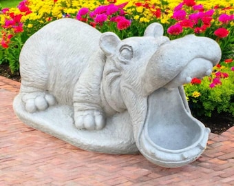Stone hippo figurine, Yard animal sculpture, African hippopotamus, Garden decor, Animal lover gift, Hippopotamus open mouth, Small animal