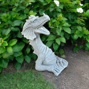 Dragon garden figure, Cement Asian dragon statue, Concrete dragon figurine, Outdoor Chinese animal sculpture, Stone Japanese ornament