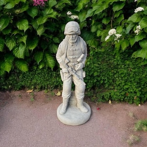 Concrete modern soldier statue, Cement military man figure, Backyard or patio decor, Standing military man figurine, Military ornament